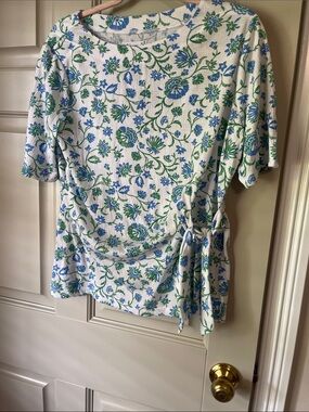 croft & barrow White Floral Tie-Waist Tunic with Blue & Green Print